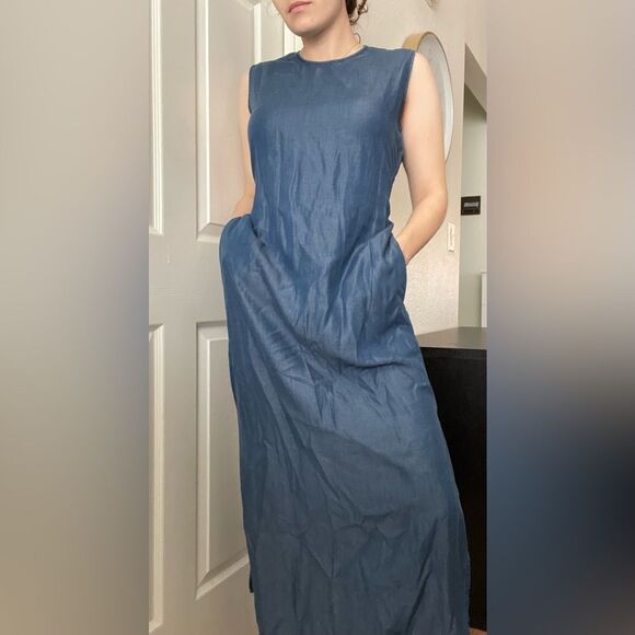 Zara Chambray Maxi Dress Sleeveless High Neck Classic Sz Large Blue Tencel - Picture 5 of 7